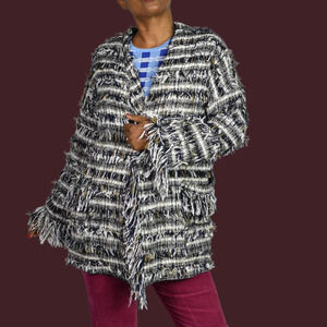 Zara Basic Fringe Tweed Coat Jacket Black White Metallic Thread Open Front Small